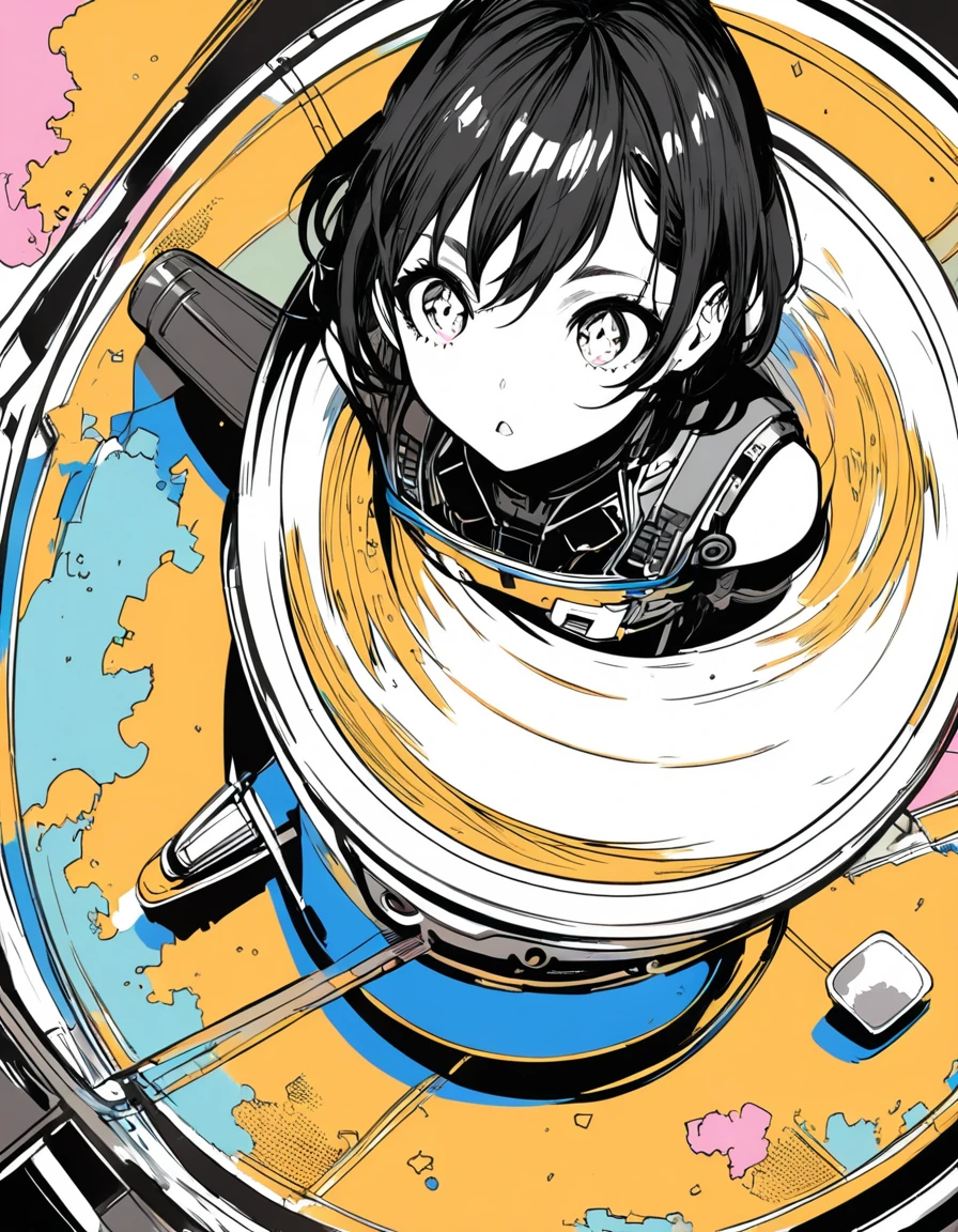 ultra-detailed:1.3, ultra delicate and detailed face:1.3, (absurdres, texture, masterpiece), pop art, pixiv contest winner, by Posuka Demizu, dynamic manga-style illustration of slender mono-eye cyborg girl,A fantastic and cute illustration of a girl sitting on the rim of a cup, and a look of panic as she falls from the rim into the cup, viewed from above.,cyborg