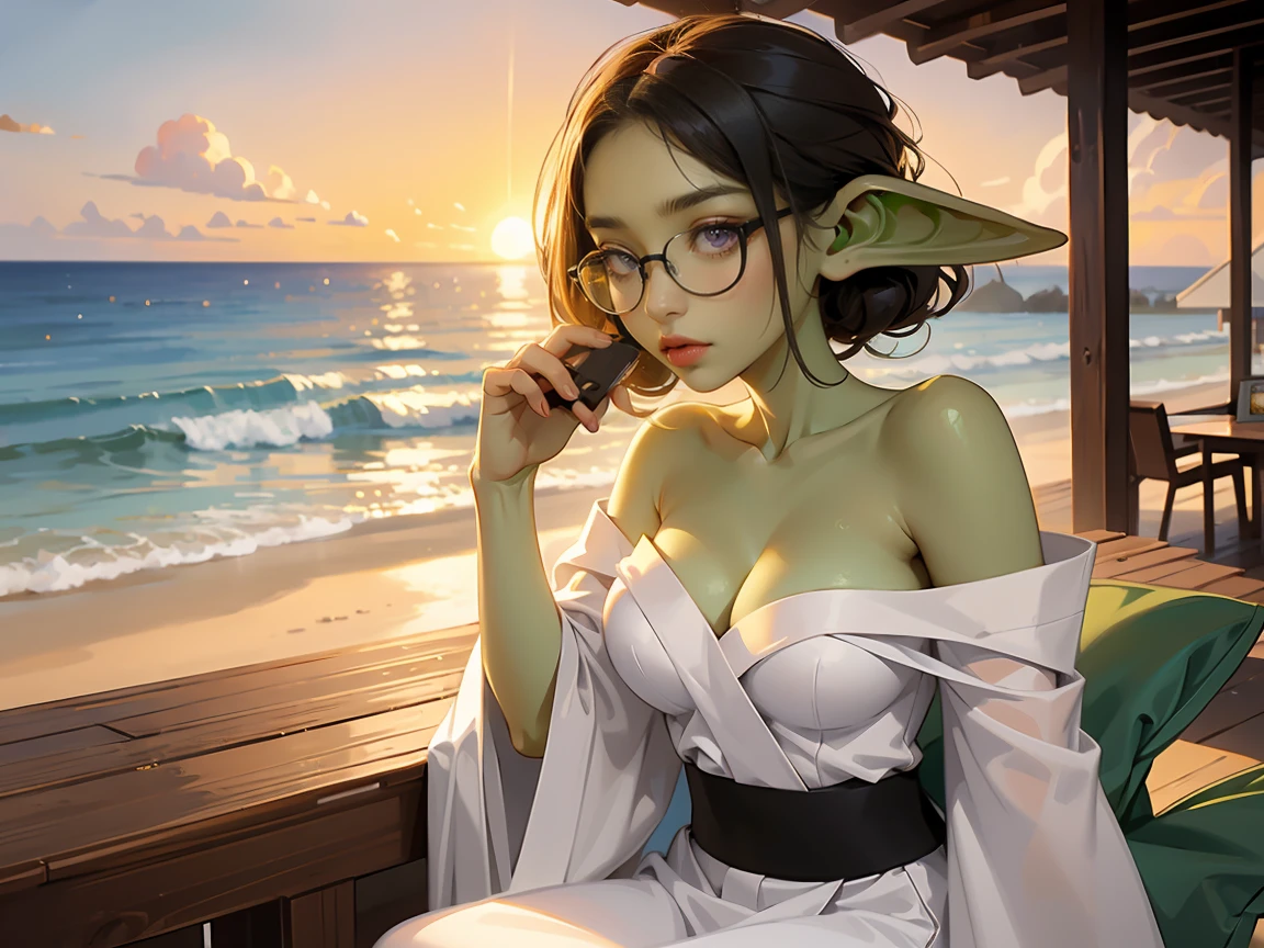 ((best quality)), ((masterpiece)), (detailed), perfect face, ((green skin)), pointy ears, very shy, tiny breasts, wearing black rimmed glasses, short dark hair, sitting on a hotel veranda overlooking the beach, sunrise, drinking mug of coffee, wearing white hotel robe