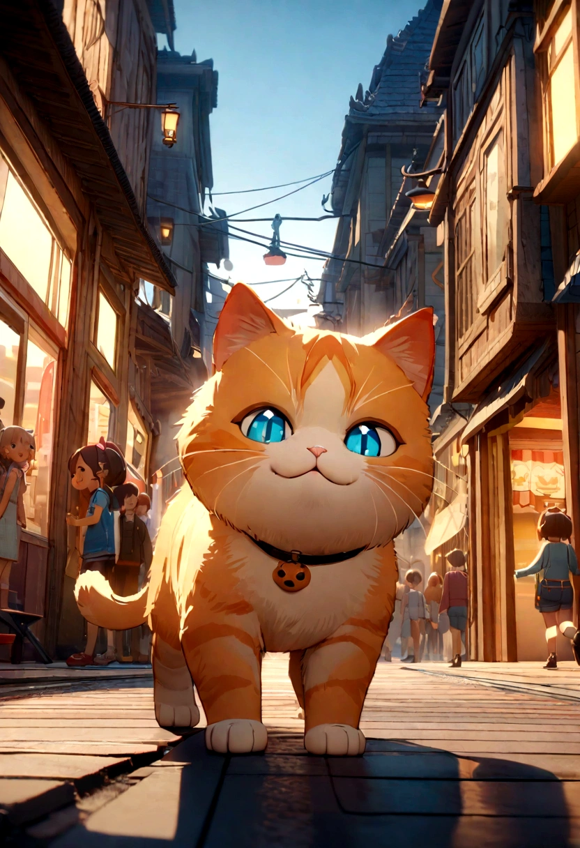 Please draw cute images in the style of 3D animation.
A cute big ginger-colored cat is walking down the street. He looks hungry, with a busy cityscape in the background. The soft evening light envelopes the town as shops and people come and go. The cat's eyes move around, as if searching for something.masterpiece, Highest quality, Super detailed, Adorable kitten fashion show, Runway detailed background, Studio Lighting, 4K resolution