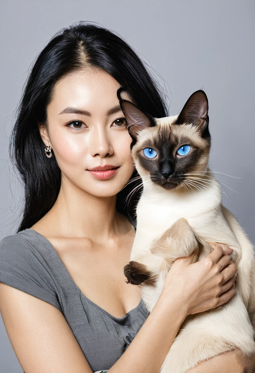 Woman with Siamese cat 