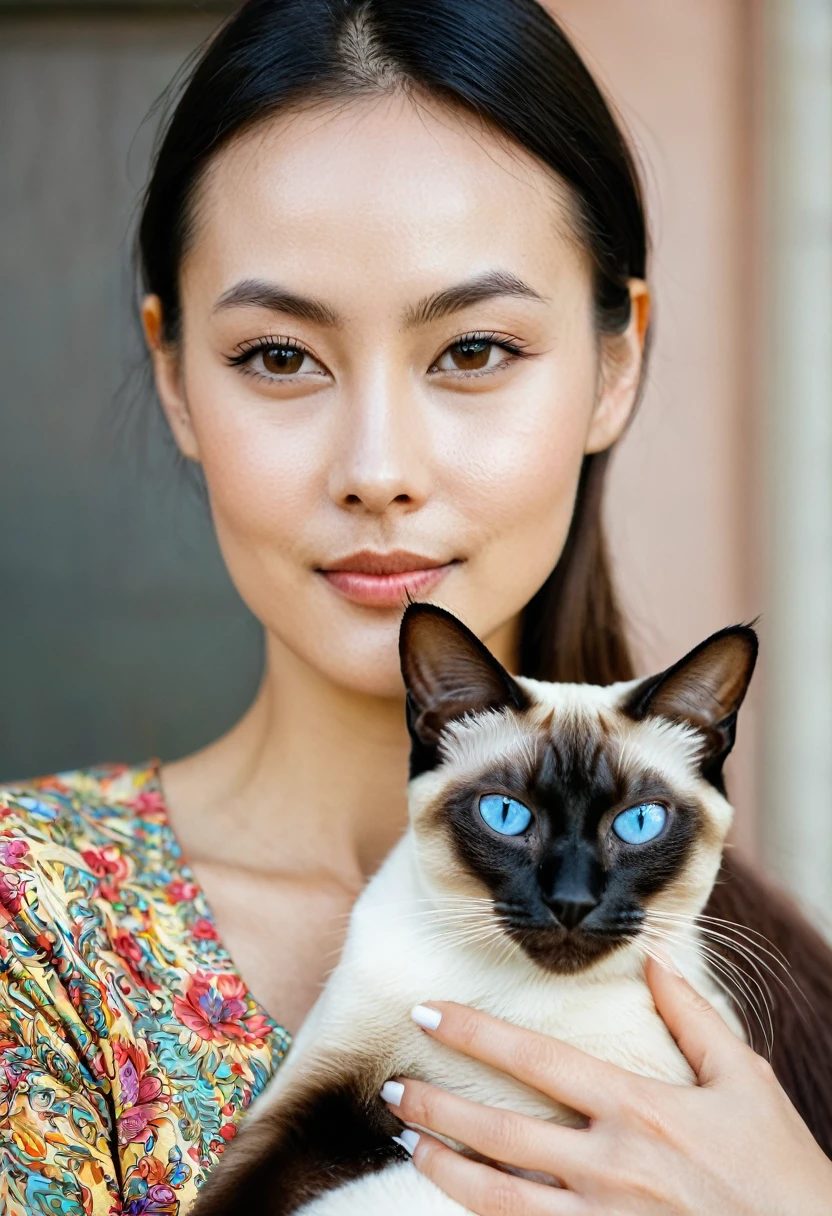 Woman with Siamese cat