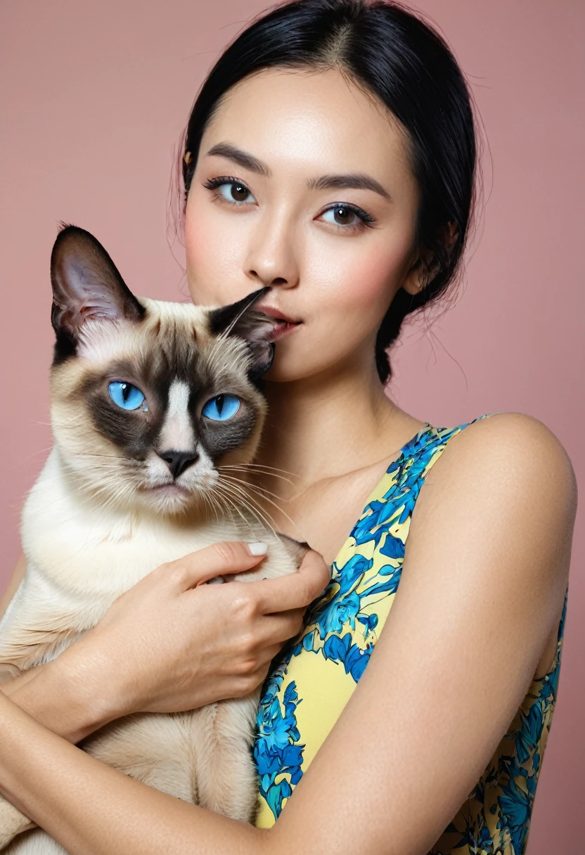 Woman with Siamese cat 