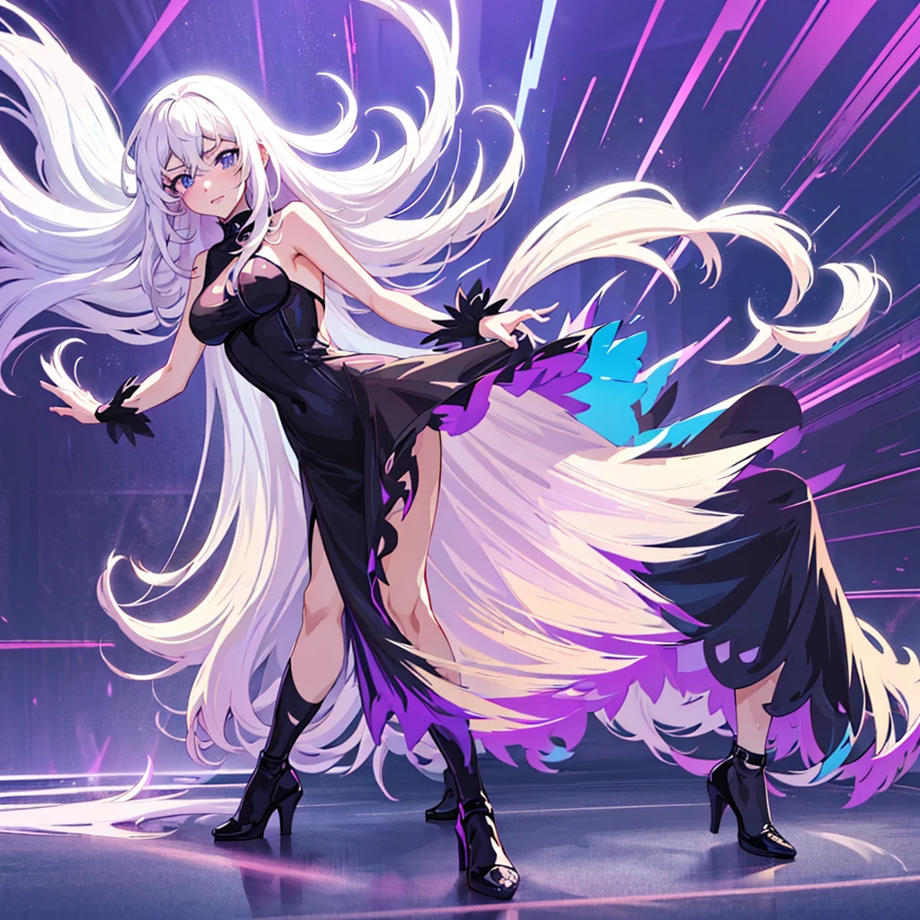 Anime beautiful woman with long slightly wavy white hair bright blue eyes wearing a sexy black dress with black heels dancing with a beautiful woman with long dark purple hair with bright purple eyes wearing a sexy black dress and black heels dancing in a nightclub