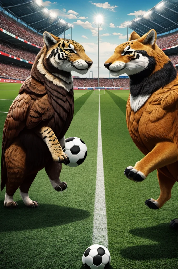 Create an image of the national animals of Mexico and Canada about to face each other in a soccer stadium