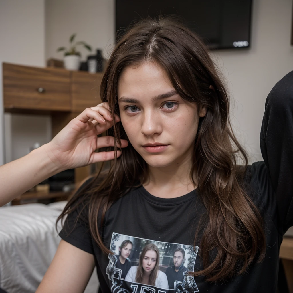 male 18 years old Mathias Lauridsen, blonde hair, Blue eyes, in a black T-shirt without inscriptions or drawings, take a selfie. He looks very tired, (medium hairstyle with middle parting), night, very dark, one-handed selfie, skin imperfections, skin imperfections 1.33, sleepy, frank vibes, ((low quality selfie photo))