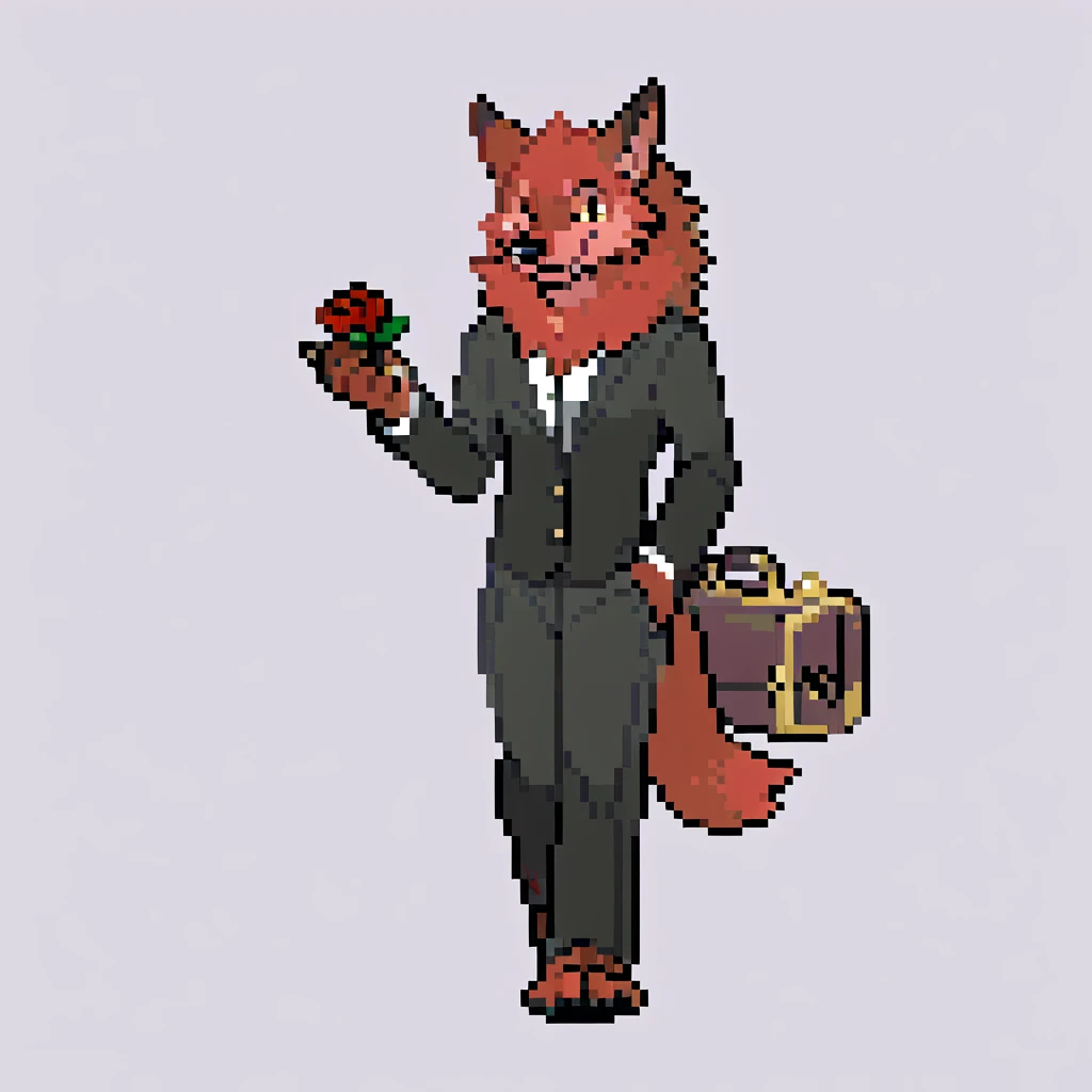 canid, canine, canis, mammal, mythological_canine, were, werecanid, werecanine, werewolf, wolf, anthro, biped, red_body, red_fur, black_nose, lavish, black_business_suit, (suitcase_full_of_pokéballs), holding_rose, golden rose, smiling, pose, male, fingers, fluffy, fluffy_tail, fur, thin_anthro, full_body, solo, digital_media_(artwork), hi_res, masterpiece,