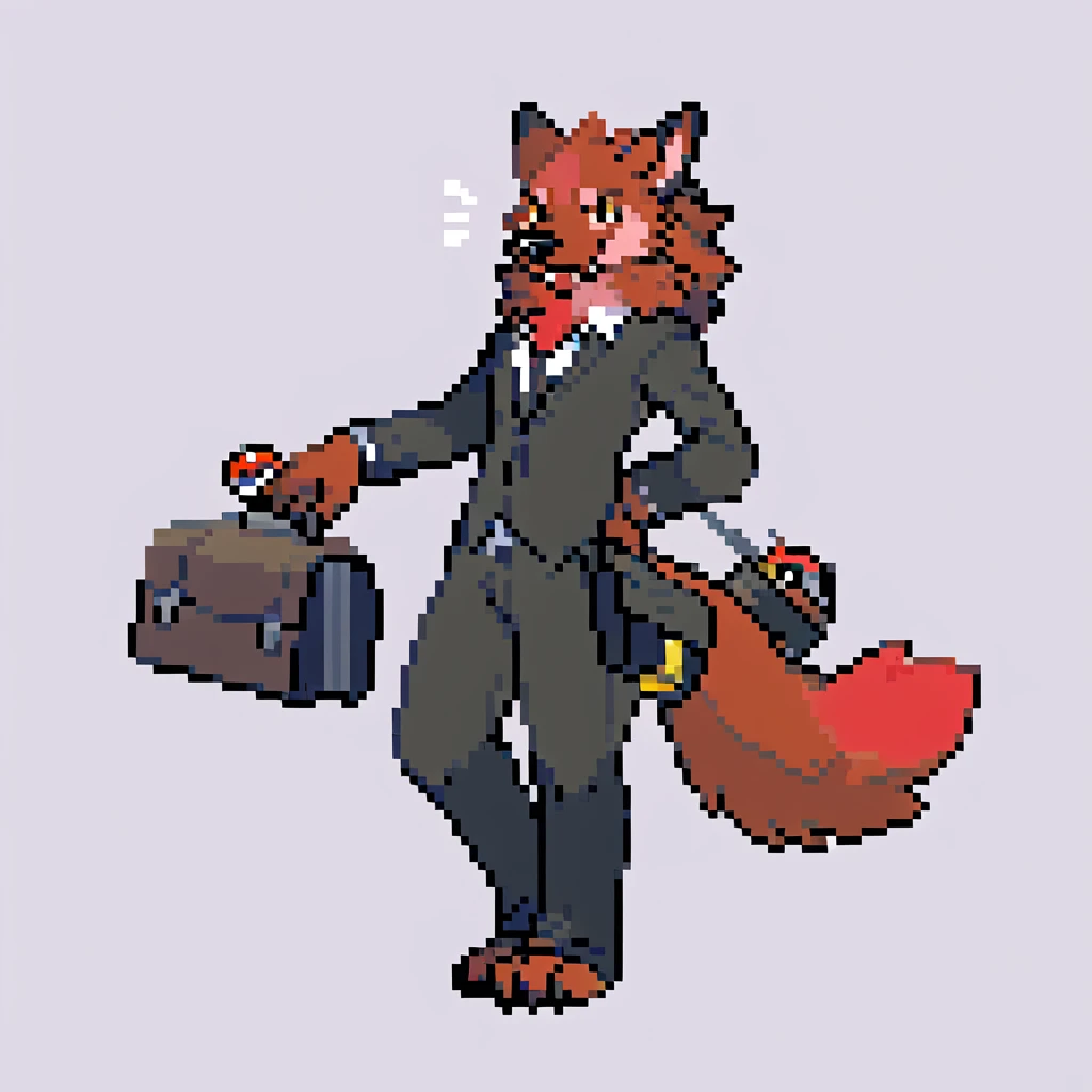 canid, canine, canis, mammal, mythological_canine, were, werecanid, werecanine, werewolf, wolf, anthro, biped, red_body, red_fur, black_nose, lavish, black_business_suit, (suitcase_full_of_pokéballs), holding_rose, golden rose, smiling, pose, male, fingers, fluffy, fluffy_tail, fur, thin_anthro, full_body, solo, digital_media_(artwork), hi_res, masterpiece,