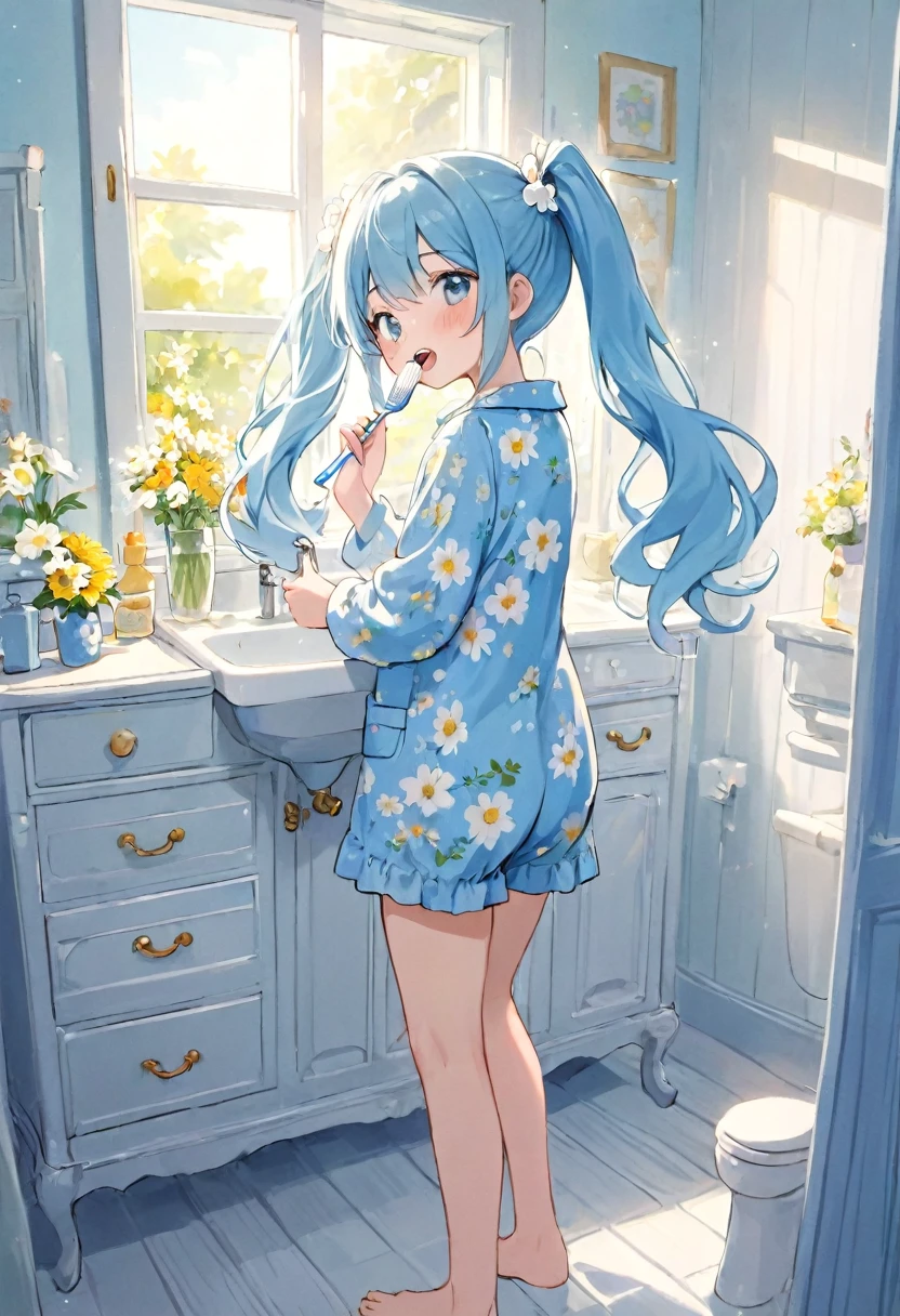 Brushing your teeth Have a toothbrush Light blue long hair Beautiful girl with twin tails Just woke up A bright, sunny washstand White floral pajamas、There are lots of flowers around