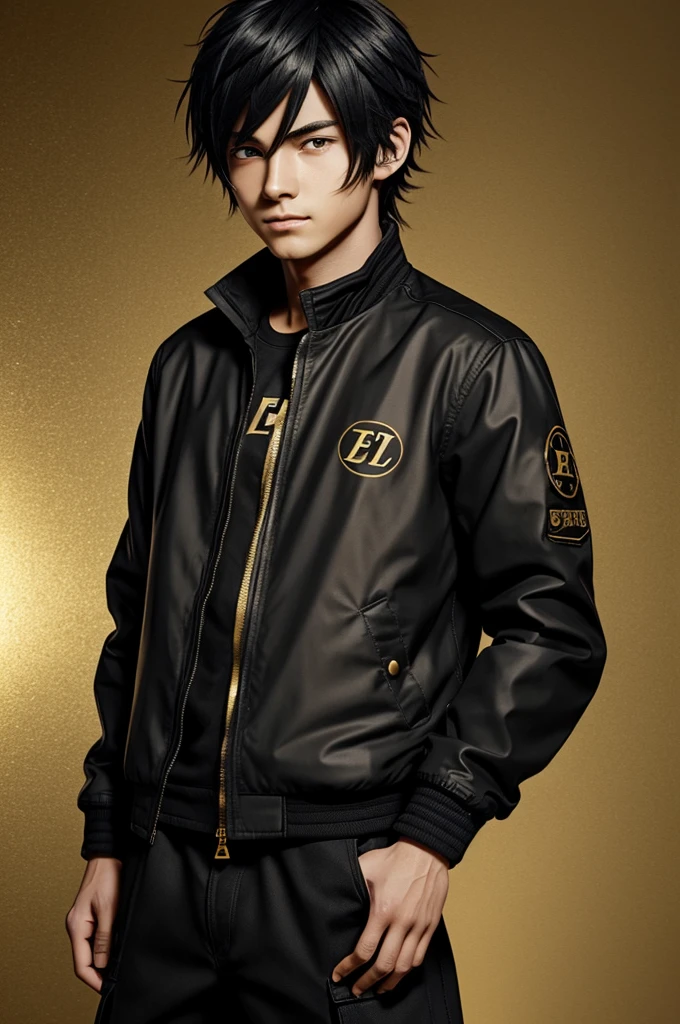 Generates an image of an anime boy with a black jacket and the letter E on the right side of the shoulder with a gold texture