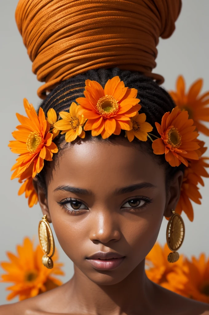 African woman with orange flowers on her head