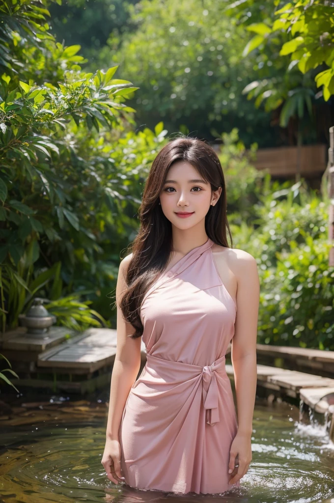 A Thai girl dresses in a short Thai dress showing her thighs standing by the stream.