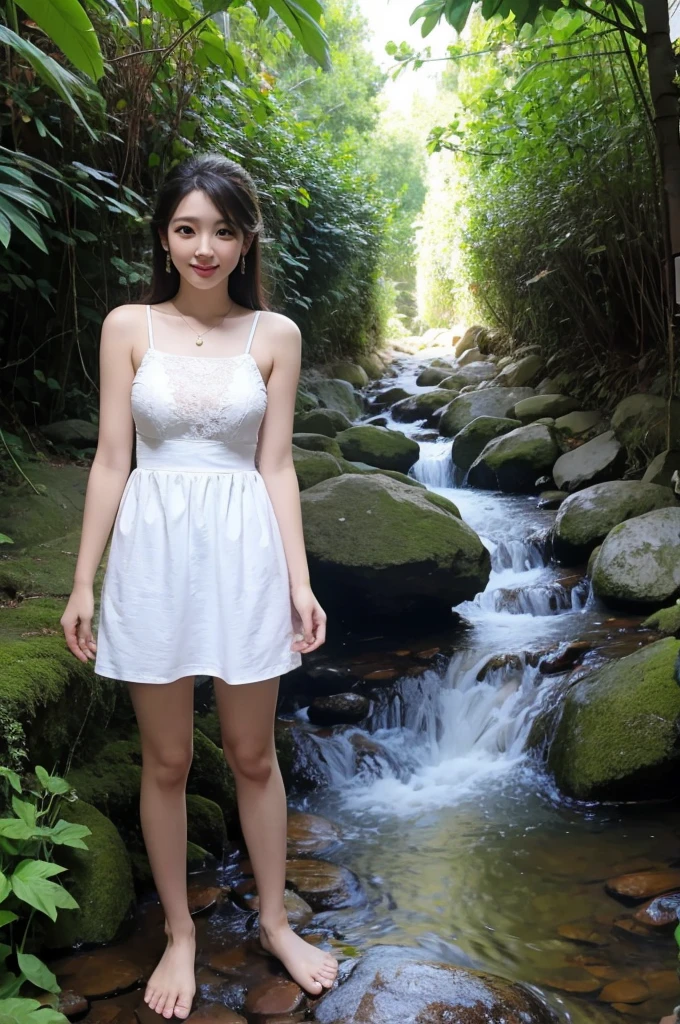 A Thai girl dresses in a short Thai dress showing her thighs standing by the stream.