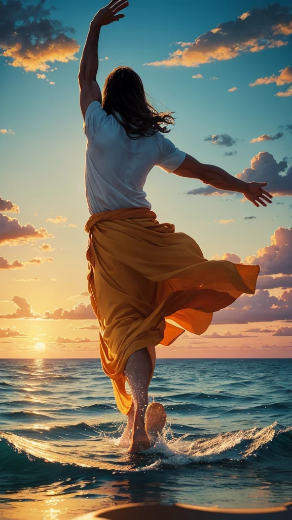 This image depicts a painting of a boat with a person standing in the water in Panoramic shot. It is Jesus Christ walking on water with his arms outstretched upwards worshiping heaven. The scene is peaceful, with clouds in the sky combining the colors sky blue and sunset orange and a sense of tranquility. The colors of the painting are mainly earth tones, with warm orange accents.
