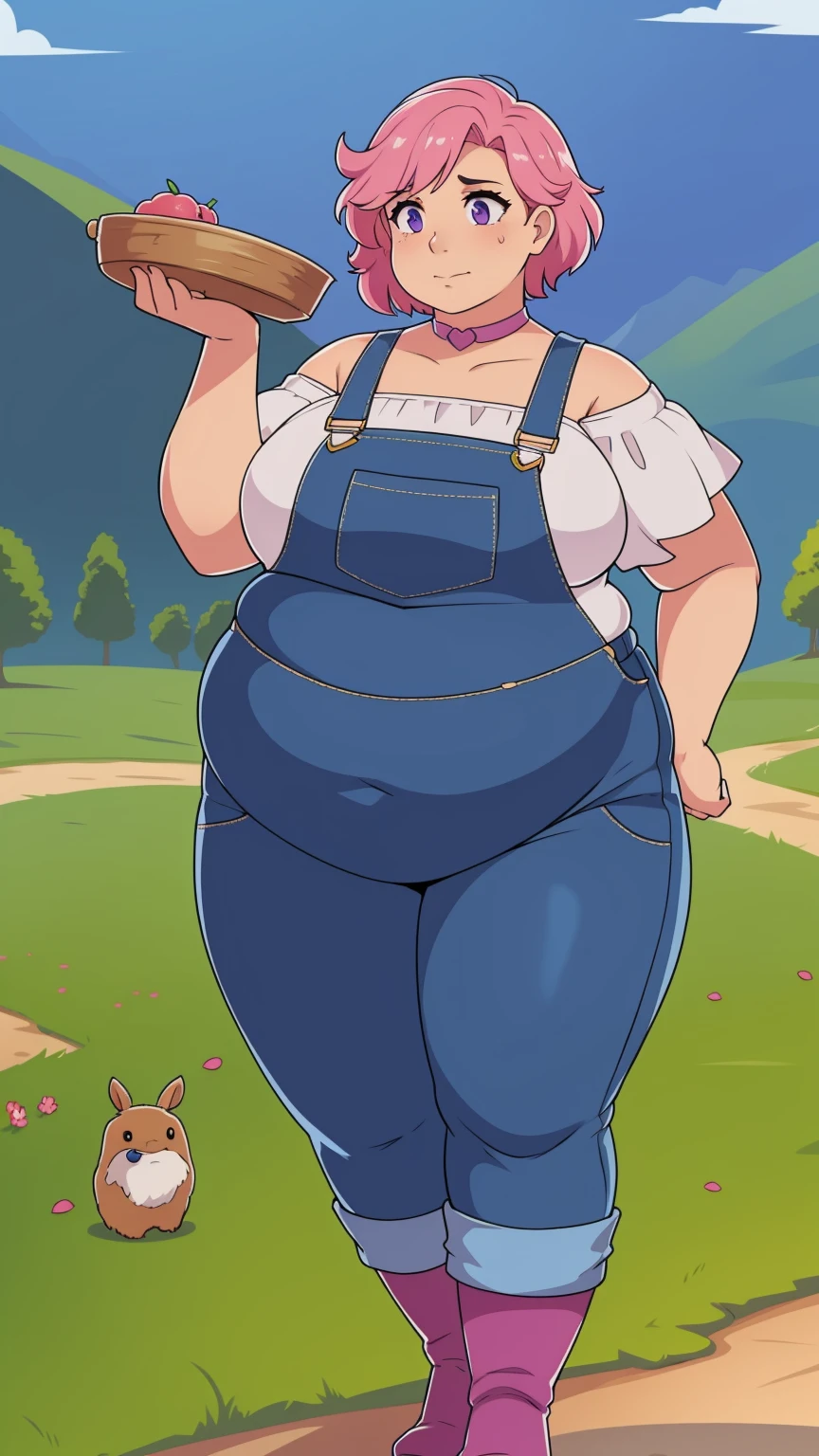 (Fat neck and chin:1.3)(Obese:1.1),fat, Slightly chubby, sad, farm backround, Full body, looking at viewer, 1girl, solo, short pink hair, (dark blue choker), (dark blue denim overalls), (purple eyes), (pink boots), (white shoulder lantern sleeve blouse, tucked in pants