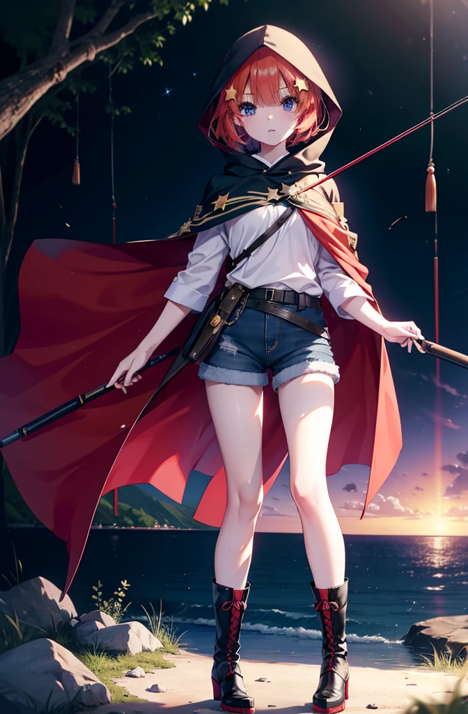 itsukinakano, itsuki nakano, bangs, blue eyes, Hair between the eyes, Redhead, star \(symbol\), hair ornaments, star hair ornaments,Wearing a hood,short hair,Carrying an archery bag,He has a quiver on one side, boots, Cape,gloves, red Knee socks, High heels, Shorts, Knee socks,As if your whole body is in the illustration,歩いている
break outdoors, forest,forest林,
break (masterpiece:1.2), Highest quality, High resolution, unity 8k wallpaper, (shape:0.8), (Fine and beautiful eyes:1.6), Highly detailed face, Perfect lighting, Highly detailed CG, (Perfect hands, Perfect Anatomy),