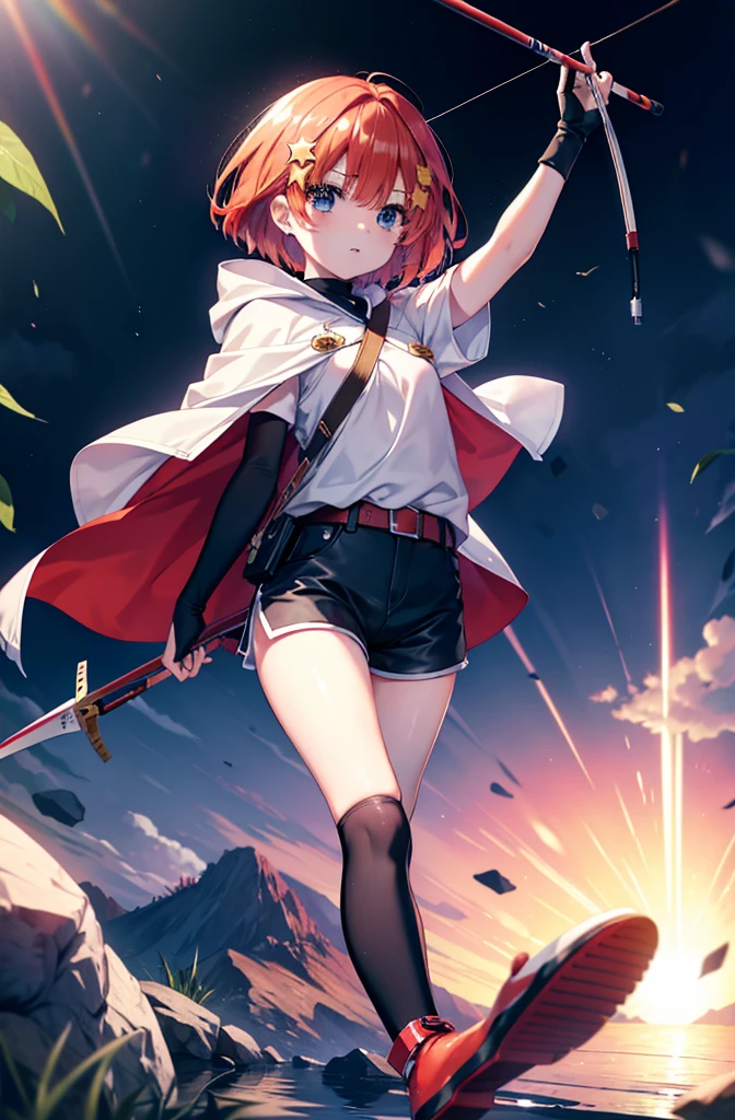 itsukinakano, itsuki nakano, bangs, blue eyes, Hair between the eyes, Redhead, star \(symbol\), hair ornaments, star hair ornaments,Wearing a hood,short hair,Carrying an archery bag,He has a quiver on one side, boots, Cape,gloves, red Knee socks, High heels, Shorts, Knee socks,As if your whole body is in the illustration,歩いている
break outdoors, forest,forest林, 
break (masterpiece:1.2), Highest quality, High resolution, unity 8k wallpaper, (shape:0.8), (Fine and beautiful eyes:1.6), Highly detailed face, Perfect lighting, Highly detailed CG, (Perfect hands, Perfect Anatomy),