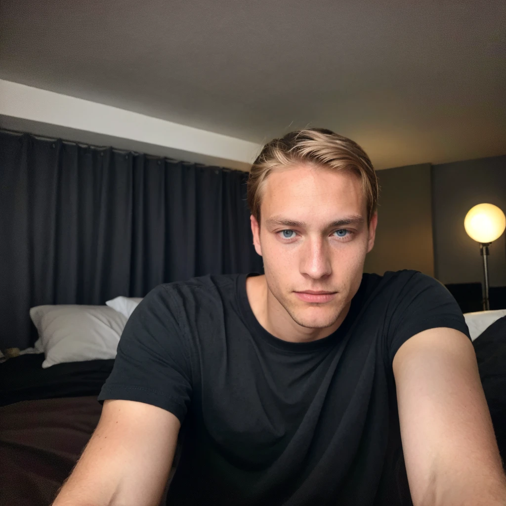 male 18 years old Mathias Lauridsen, blonde hair, Blue eyes, in a black T-shirt without inscriptions or drawings, take a selfie. He looks very tired, (medium hairstyle with middle parting), night, very dark, one-handed selfie, skin imperfections, skin imperfections 1.33, sleepy, frank vibes, ((low quality selfie photo))