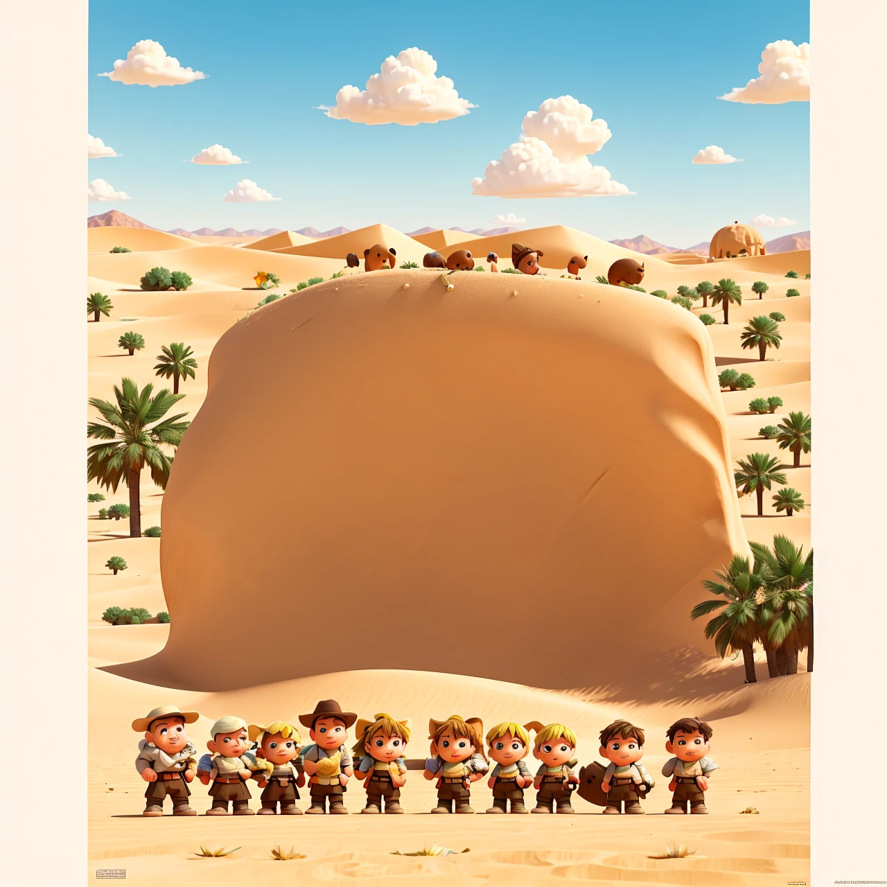 I want you to place the characters in this image in a way that they all look like they are in the same art, I want a very sunny sky, they are in a desert-like sand, a very fun atmosphere, quality images of the characters as if it were a 2D drawing into 3D