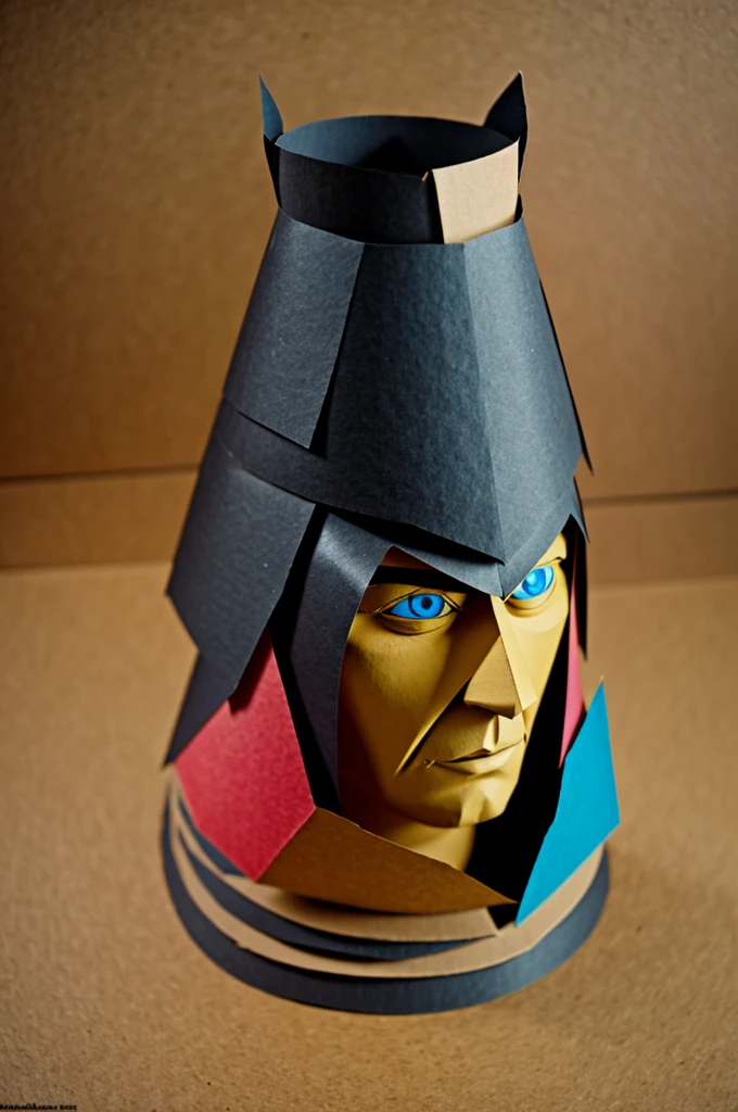 Create an image of an intense character that is made with a cardboard cone and craft materials, considers, colored paper, cardboard, plasticine
