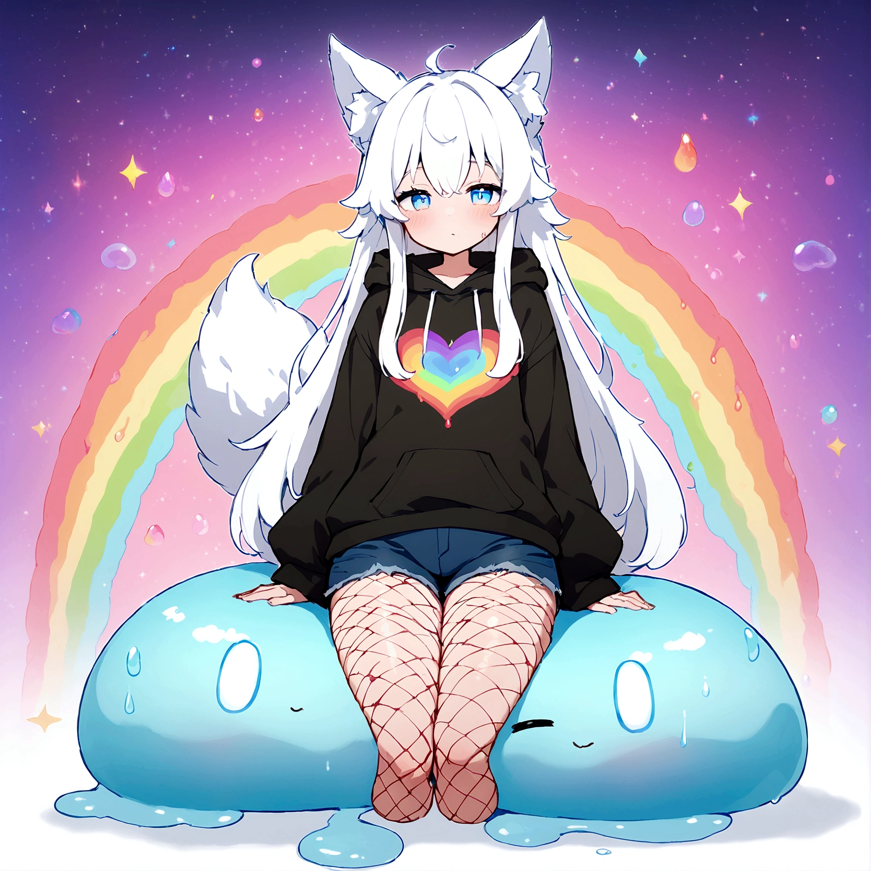 a cute adult male made of slime with wolf ears, long white hair, long locks, has a wolf tail, wearing a loose cropped black hoodie, wearing a pair of denim short shorts and fishnet stockings, thick thighs, wide hips, relaxing on mound of fluffy multi colored kawaii plushies, short, very slim, showing slender tummy, heart on hoodie, squishy thighs, has glowing blue eyes. alone, solo (ALONE)(SOLO), surrounded by rainbows, colorful galaxy backround, made of slime, flesh made of slime