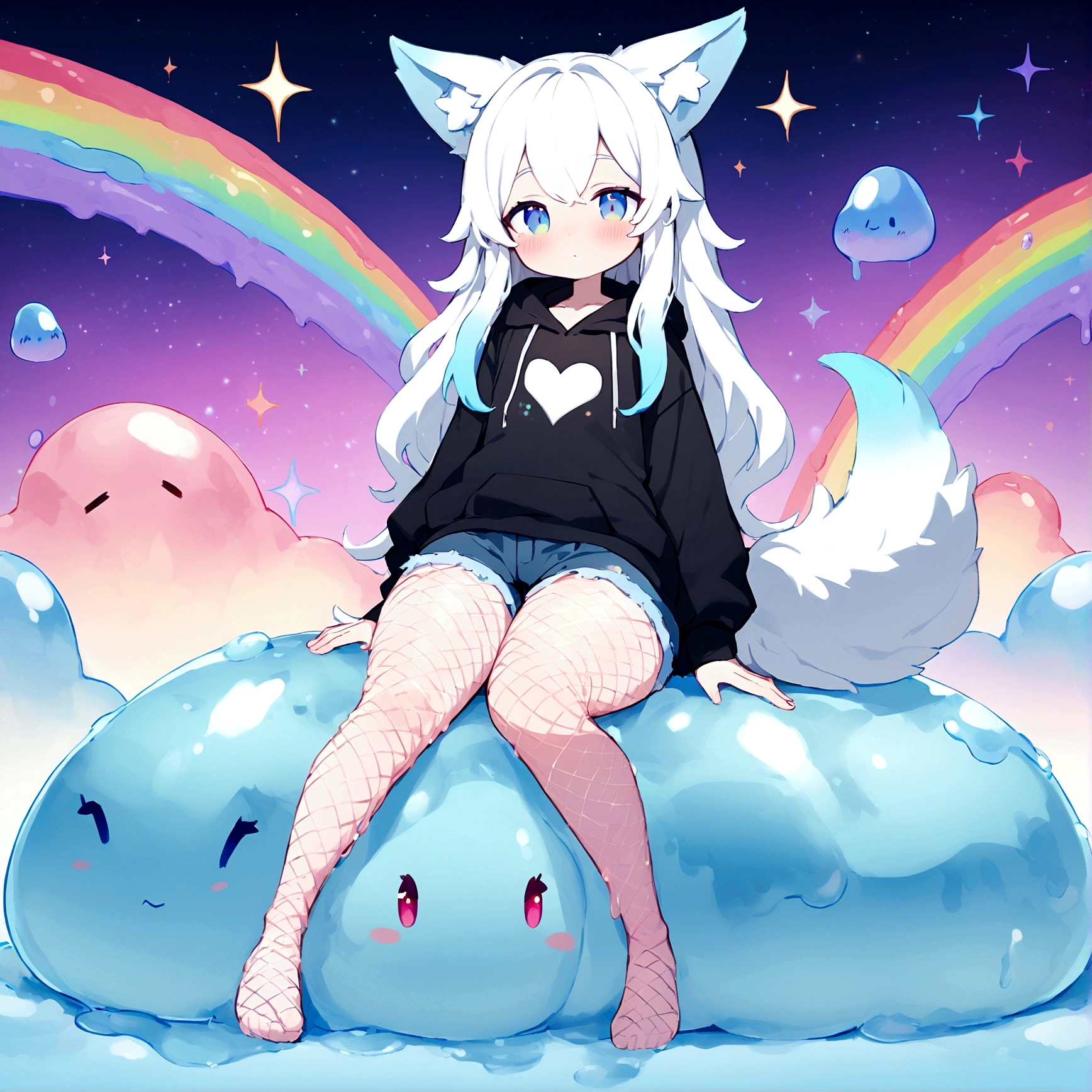 a cute adult male made of slime with wolf ears, long white hair, long locks, has a wolf tail, wearing a loose cropped black hoodie, wearing a pair of denim short shorts and fishnet stockings, thick thighs, wide hips, short, very slim, showing slender tummy, heart on hoodie, squishy thighs, has glowing blue eyes. alone, solo (ALONE)(SOLO) made of slime, flesh made of slime