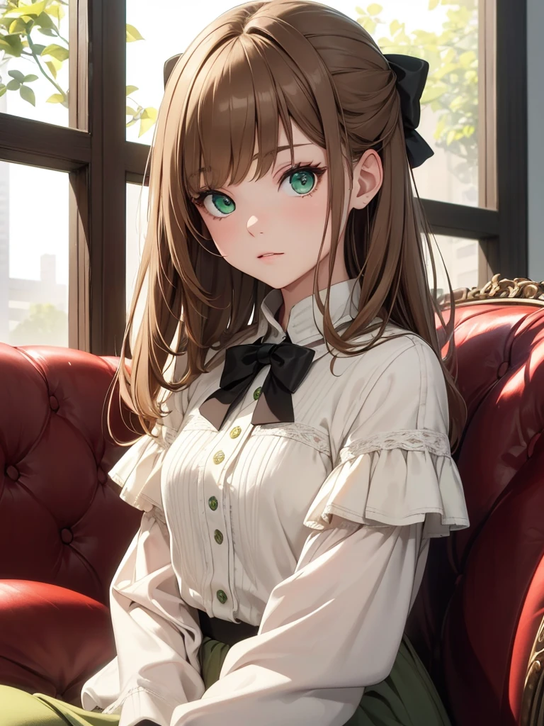 (8K, Best Quality, Masterpiece, Ultra High Resolution) 1 Girl, Short, Teen, Beautiful Eyes, Face Details, Light Brown Hair, Hair Bow, Green Eyes, Pale Skin, Casual Clothing, Sitting on Sofa Masterpiece, Best Quality, Upper Body, Looking at the Viewer, Facing Viewer, Close Up