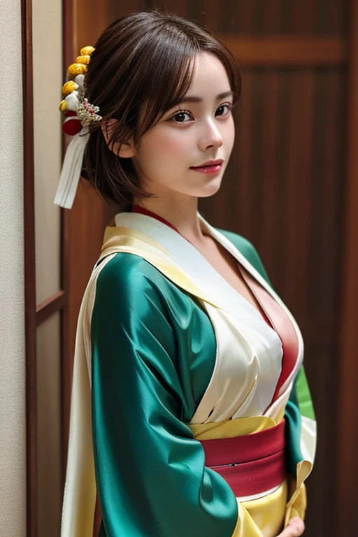 Highest quality, Face Focus, Soft Light, (Depth of written border) ,Ultra-high resolution, (Realistic:1.4), RAW Photos, (from before)
1 Japanese girl, alone, cute, (Brown eyes),  Beautiful face in every detail, (short_hair ), Japanese-style room
(Silk kimono:1.4) ,(((Big Breasts)))　Take off your clothes more and more、I love taking my clothes off、Infinite Strip、