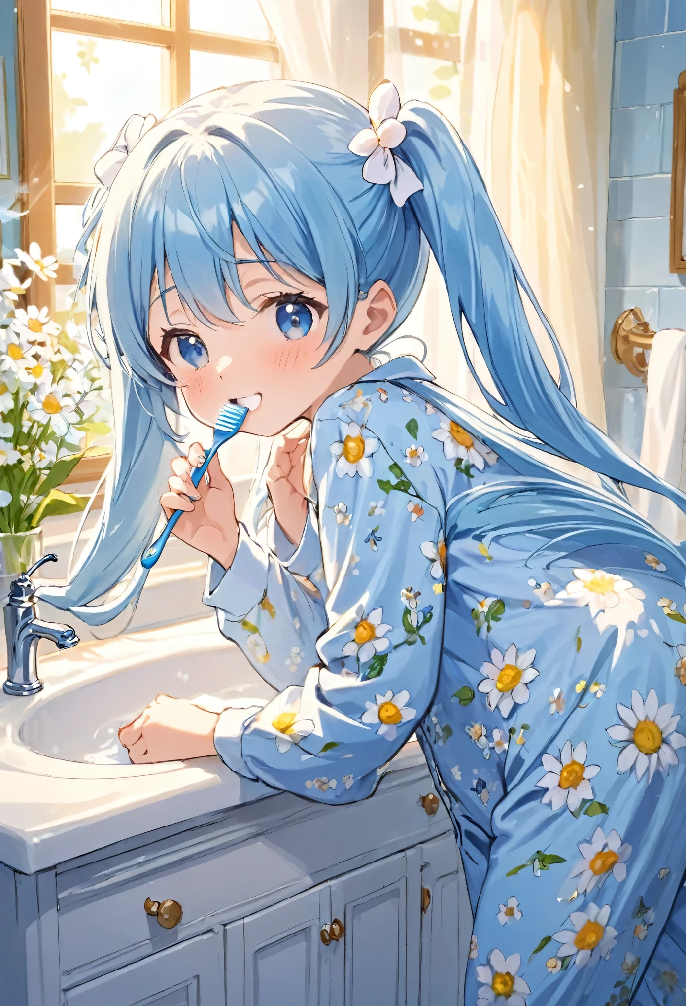 Brushing your teeth Have a toothbrush Light blue long hair Beautiful girl with twin tails Just woke up A bright, sunny washstand White floral pajamas、There are lots of flowers around