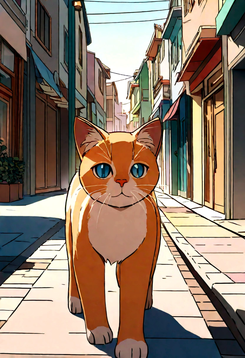 Please draw cute images in the style of 3D animation.
A cute big ginger-colored cat is walking down the street. He looks hungry, with a busy cityscape in the background. The soft evening light envelopes the town as shops and people come and go. The cat's eyes move around, as if searching for something.
Bipedal walking.