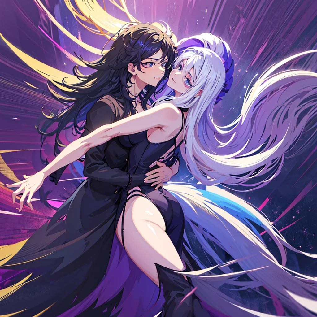 Anime two women a beautiful woman with long slightly wavy white hair bright blue eyes wearing a sexy black dress with black heels dancing with a beautiful woman with long dark purple hair with bright purple eyes wearing a sexy black dress and black heels dancing in a club night