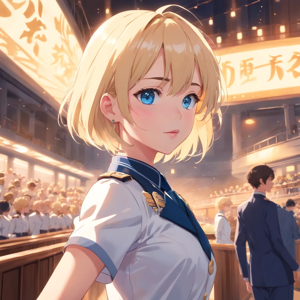 Women, ((Blonde)), ((Blue eyes)), ((Short hair)), ((Full shot)), very detailed makeup, pale pink lipstick, long earrings, dressed as a navy cadet with white dress uniform, high heels and skirt