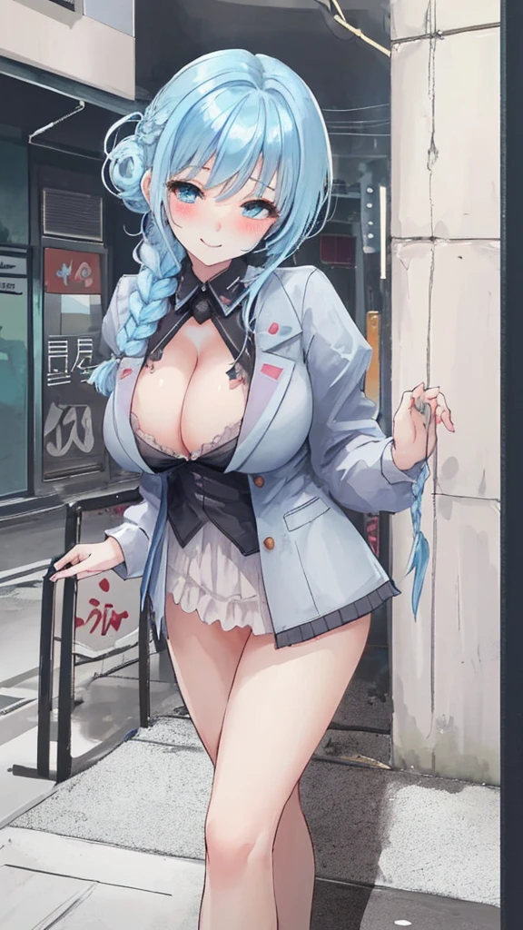 Sexy,Large Breasts,Cleavage,beauty,Smile,blush,light blue hair,single braid hairstyle,prostitute,civilian area