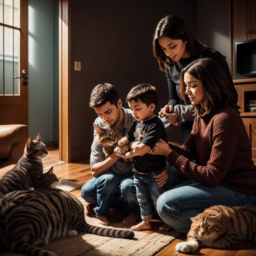 family of a father, a mother and a , petting their two cats, deep color, realistic, wide screen, intricate detail, splash screen, complementary colors, dynamic lighting hyperdetailed