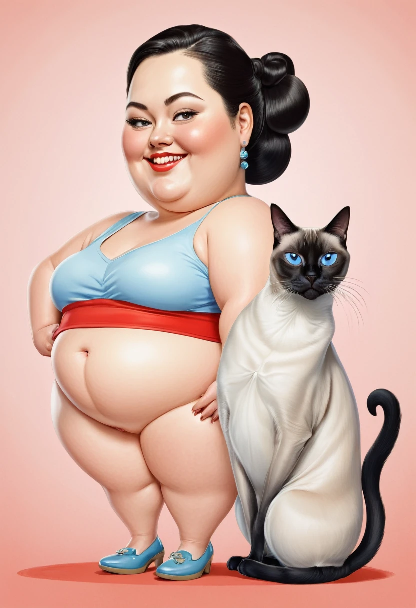 Caricature of chubby woman and Siamese cat 
