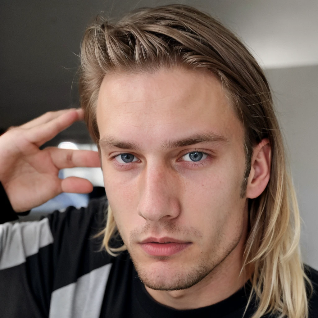 male 18 years old Mathias Lauridsen, blonde hair, Blue eyes, in a black T-shirt without inscriptions or drawings, take a selfie. He looks very tired, (medium hairstyle with middle parting), night, very dark, one-handed selfie, skin imperfections, skin imperfections 1.33, sleepy, frank vibes, ((low quality selfie photo)) 