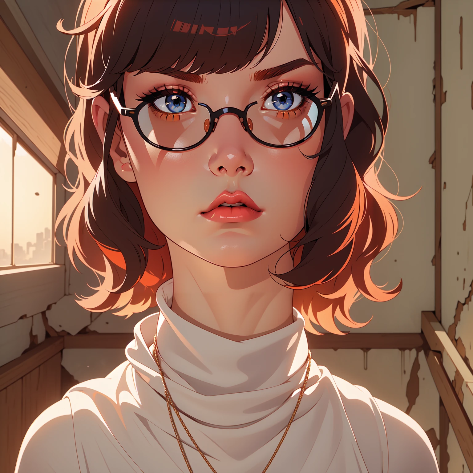 HD, 8k quality, masterpiece, Velma, dream girl huge , beautiful face, kissing lips, short bob hairstyle, long bangs, perfect makeup, realistic face, detailed eyes, diamond blue eyes, brunette hair, eyelashes, (scared:1.4), cameltoe, eyes at viewer, orange turtleneck knit sweater, clear lens glasses, orange school girl skirt, view from below, blush, (in abandoned house:1.4)