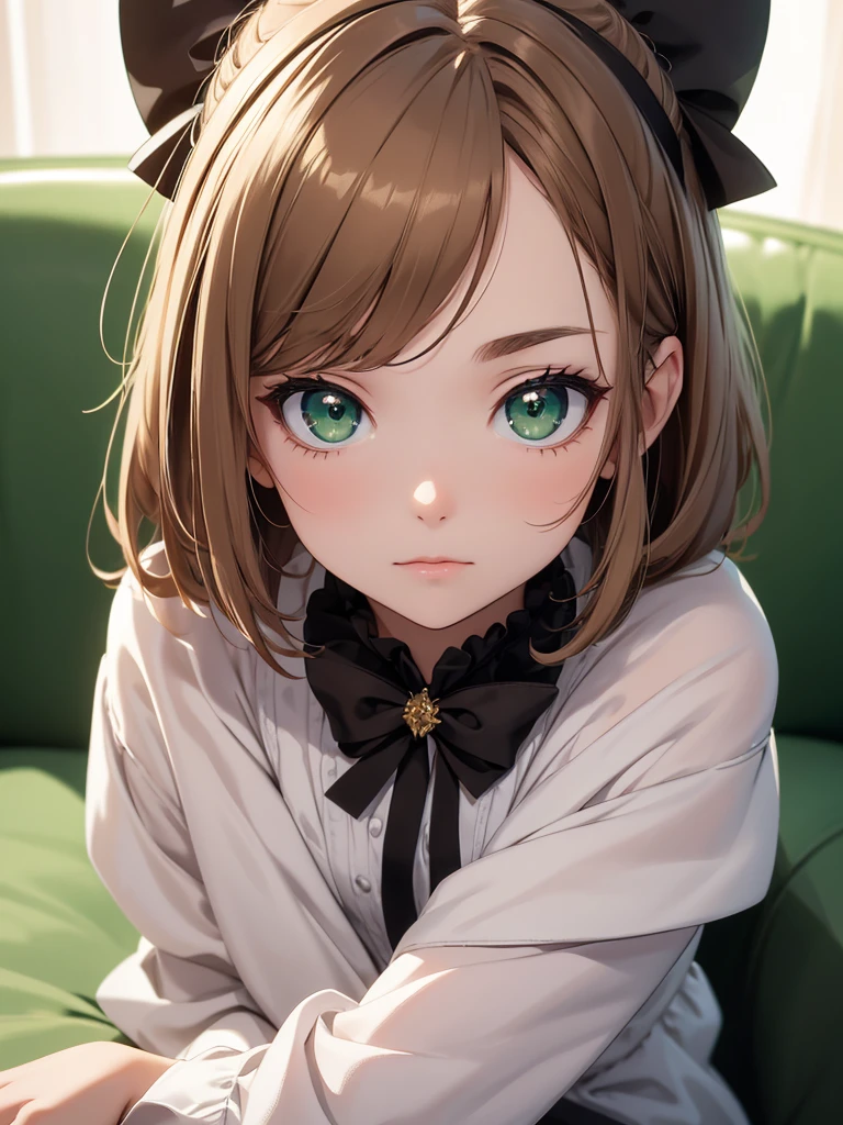 (8K, Best Quality, Masterpiece, Ultra High Resolution) 1 Girl, Short, , Beautiful Eyes, Face Details, Light Brown Hair, Hair Bow, Green Eyes, Pale Skin, , Sitting on Sofa Masterpiece, Best Quality, Upper Body, Looking at the Viewer, Facing Viewer, Close Up