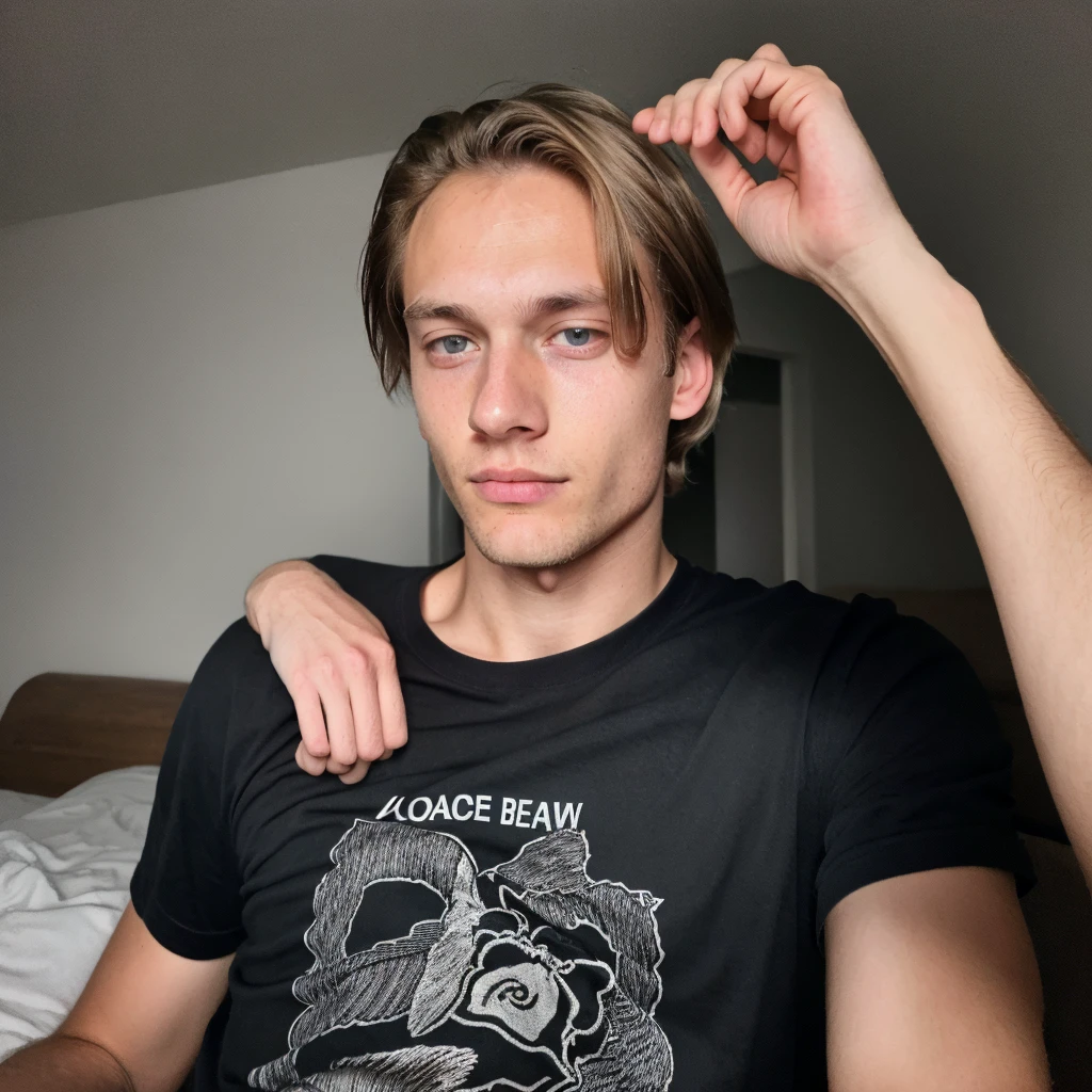 male 18 years old Mathias Lauridsen, blonde hair, Blue eyes, in a black T-shirt without inscriptions or drawings, take a selfie. He looks very tired, (medium hairstyle with middle parting), night, very dark, skin imperfections, skin imperfections 1.33, sleepy, frank vibes, ((low quality selfie photo)) 