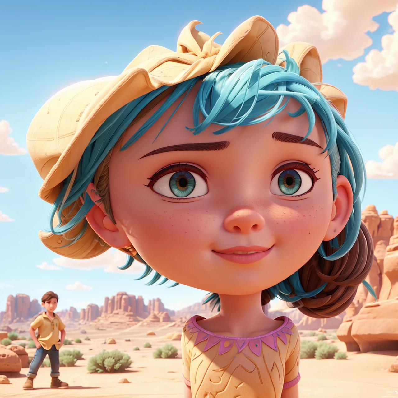 a sunny desert landscape, 1girl, 1boy, colorful vibrant colors, dynamic poses, highly detailed characters, beautiful detailed eyes, beautiful detailed lips, extremely detailed eyes and face, long eyelashes, cinematic lighting, warm lighting, volumetric lighting, photorealistic, 8k, masterpiece, ultra-detailed, sharp focus, physically-based rendering, professional, vivid colors, concept art style