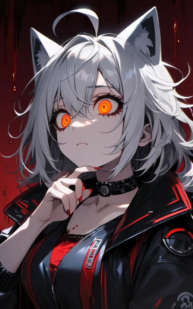 (masterpiece)、(absurdres)、(ultra detailed),Crazy Eyes、despair、Dark Side、closed mouth,Blood droplets、darkness,Blood pool space、Blood dripping background:1.3、(独奏),(silver cat ear on a head:1.1),(lady:1.0),(silver hair),(shortcut hair:1.0),(Messy Hair:1.0)、(Ahoge:1.0)、Orange Eyes、Big Breasts:0.8、choker,sleepy eyes、Cyberpunk jacket、Tshirt,Fingers with red liquid、Licking your fingers、Licking the red liquid with your tongue:1.1、upper body shot,nail:0.9