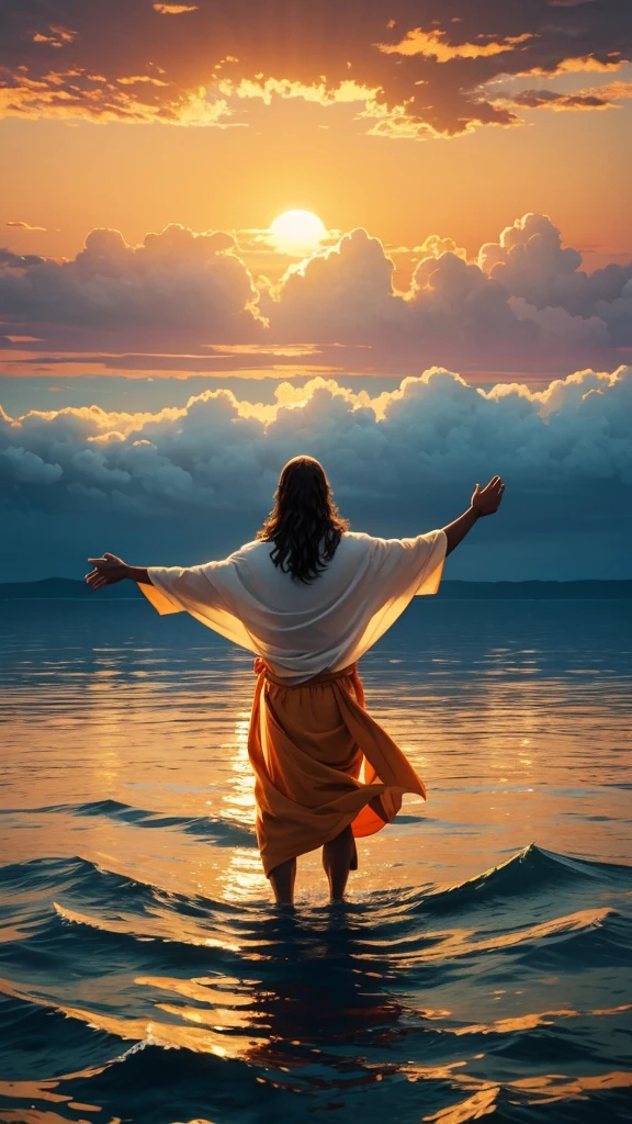 This image depicts a painting of a boat with a person standing in the water in Panoramic shot Take from behind. It is Jesus Christ walking on water with his arms outstretched upwards worshiping heaven. The scene is peaceful, with clouds in the sky combining the colors sky blue and sunset orange and a sense of tranquility. The colors of the painting are mainly earth tones, with warm orange accents.