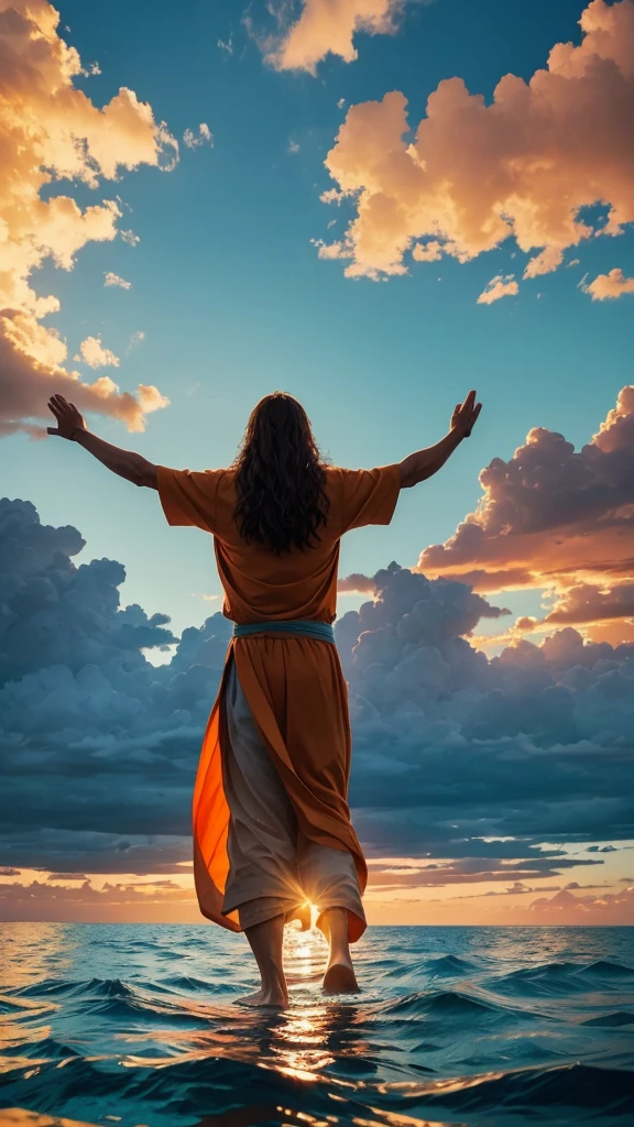 This image depicts a painting of a boat with a person standing in the water in Panoramic shot Take from behind. It is Jesus Christ walking on water with his arms outstretched upwards worshiping heaven. The scene is peaceful, with clouds in the sky combining the colors sky blue and sunset orange and a sense of tranquility. The colors of the painting are mainly earth tones, with warm orange accents.