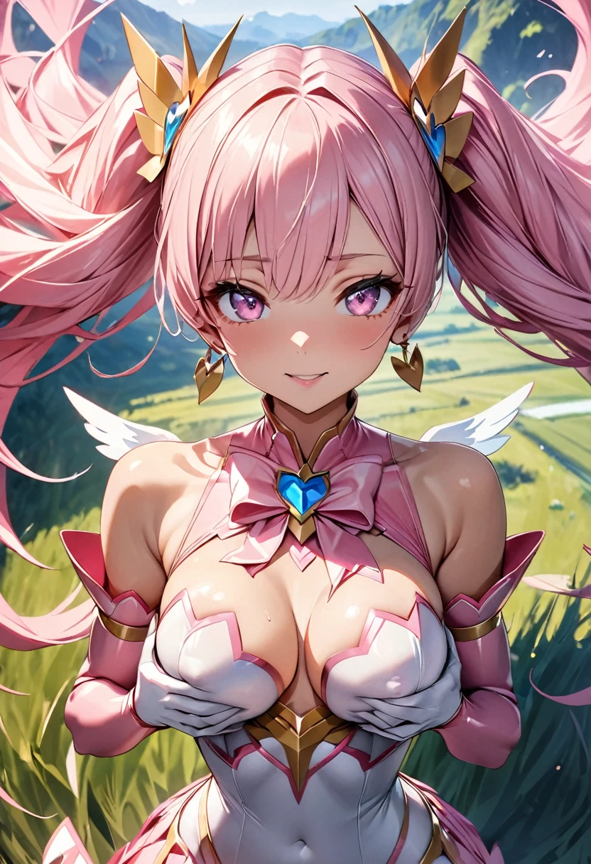 (Perfect Anatomy)、Mastepiece、Ultra High Quality、 8K、masterpiece、Highest quality、Ultra-high resolution、Maximum resolution、Very detailed、Professional Lighting、anime、woman、thin、so beautiful、Highly detailed eye、Highly detailed face、Golden earrings、Pink Hair,、Pink eyes, upper arm pink armor, white leotard, pink pattern, grassland, whole body, magical girl, Angel Girl, , grabbing own breasts,