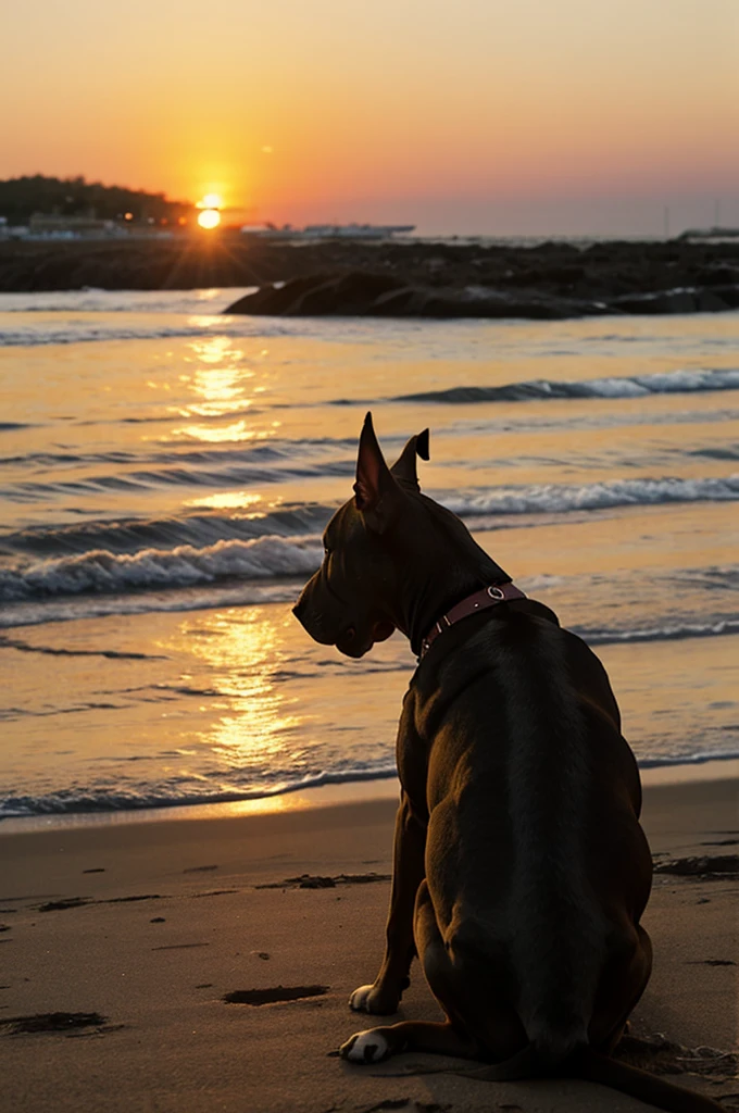 Pitbull dog looking at the sunset from her back with her ears not so marked