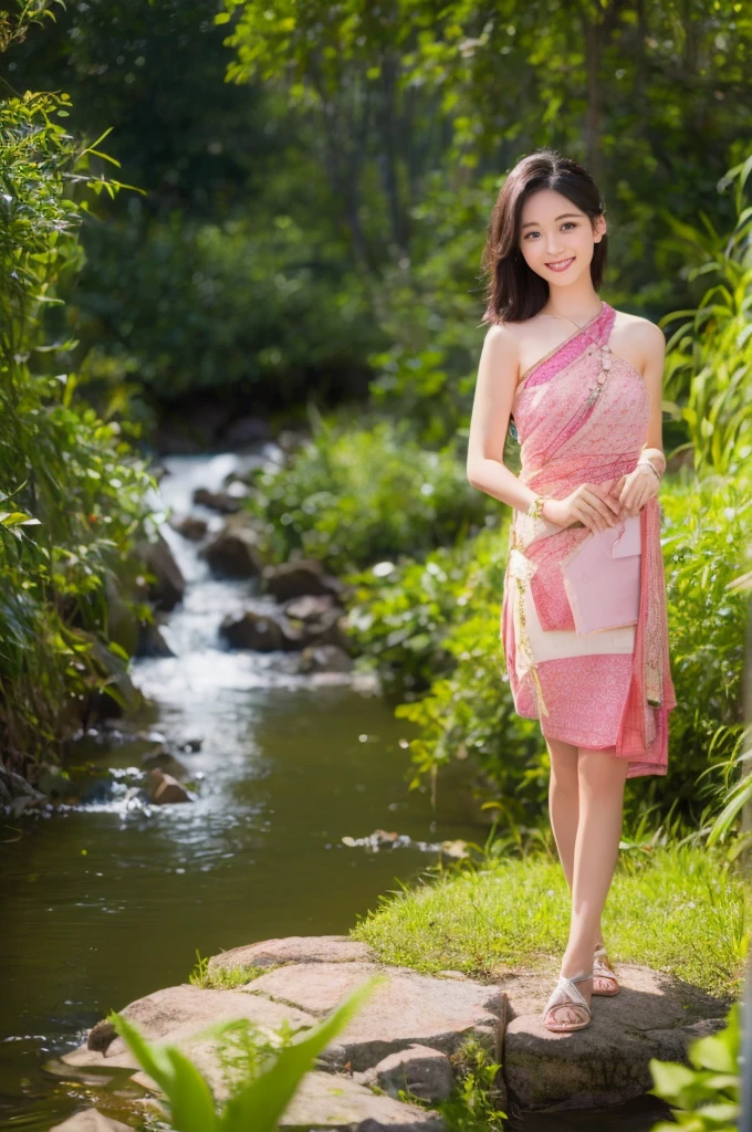 A Thai girl dresses in a short Thai dress showing her thighs standing by the stream.