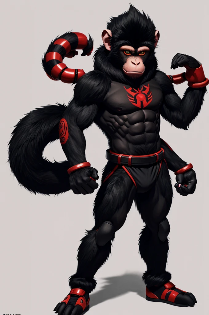 humanoid monkey, with six arms and two legs, black fur, four red eyes, wearing the ua uniform, full body boku no hero image style