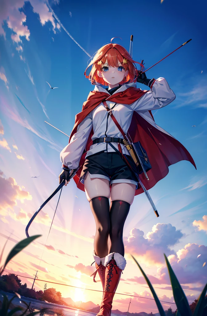 itsukinakano, itsuki nakano, bangs, blue eyes, Hair between the eyes, Redhead, star \(symbol\), hair ornaments, star hair ornaments,Wearing a hood,short hair,Carrying an archery bag,He has a quiver on one side, boots, Cape,gloves, red Knee socks, High heels, Shorts, Knee socks,whole bodyがイラストの中に入っていくように,歩いている
break outdoors, forest,forest林, break looking at viewer,whole body, 
break (masterpiece:1.2), Highest quality, High resolution, unity 8k wallpaper, (shape:0.8), (Fine and beautiful eyes:1.6), Highly detailed face, Perfect lighting, Highly detailed CG, (Perfect hands, Perfect Anatomy),