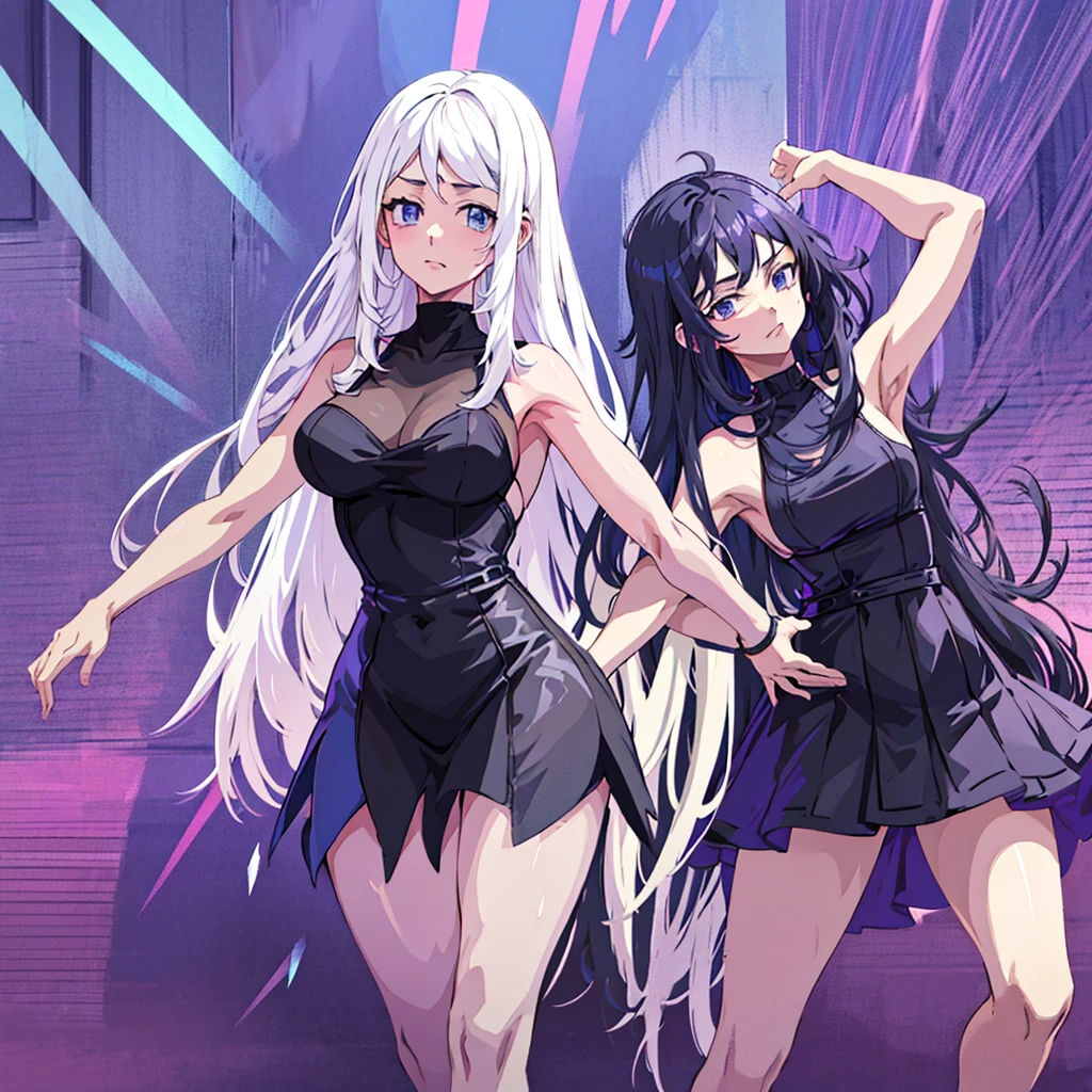  Anime two women a beautiful woman with long slightly wavy white hair bright blue eyes wearing a sexy black dress with black heels dancing with a beautiful woman with long dark purple hair with bright purple eyes wearing a sexy black dress and black heels dancing in a club night