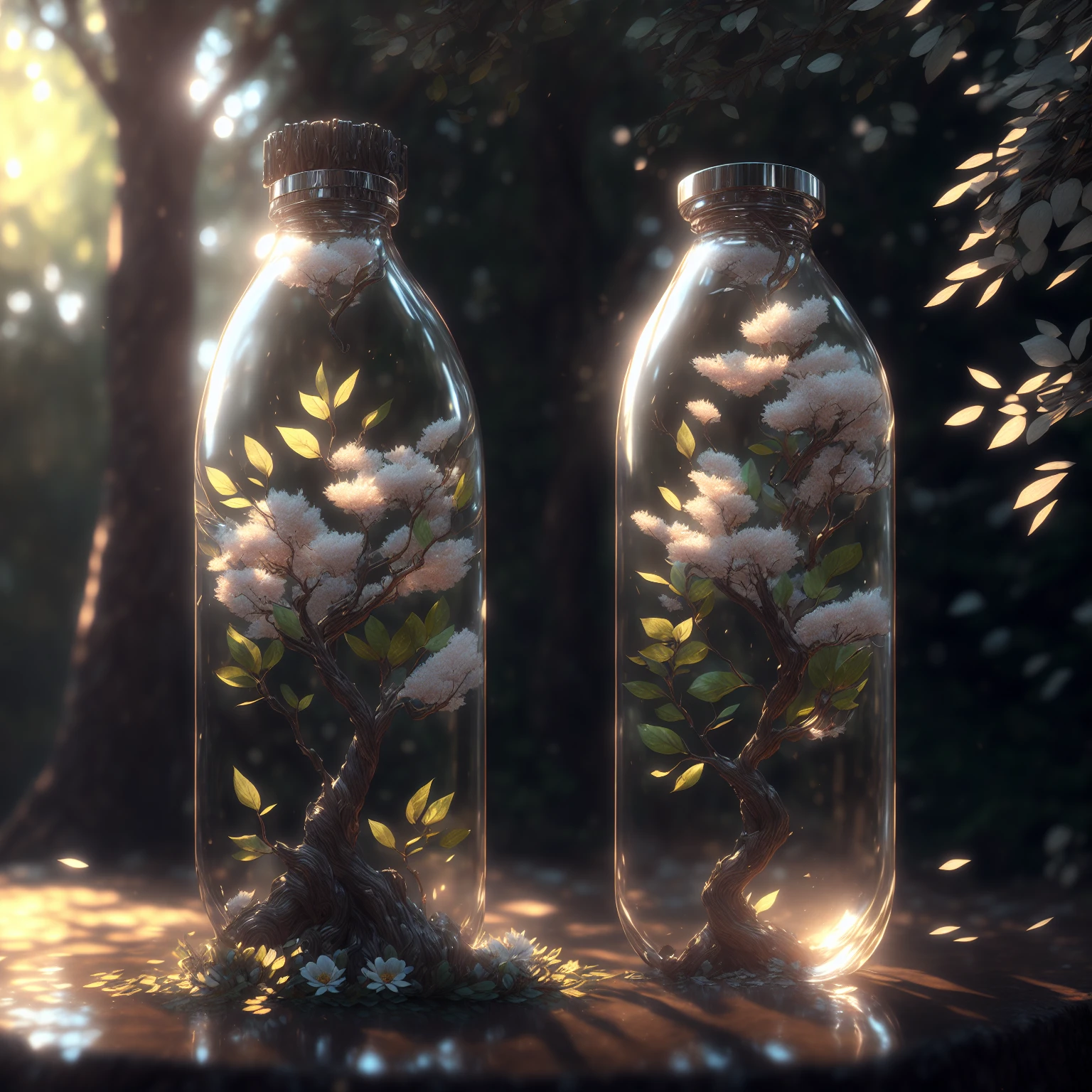 dreamlikeart tree in a bottle, fluffy, realistic, photo, canon, dreamlike, art, colorfull leaves and branches with flowers on top of its head. hyperdetailed photorealism by greg rutkowski - h 1024 w 804 | f 1 6 lens mark 2:2 s 3555 mm film grain :1 lifelike high res sharp focus contrast!! intricate detailed atmospheric light refraction lighting unreal engine 5 cinematic concept photography masterpiece octane render trending at cgsociety rendered as
