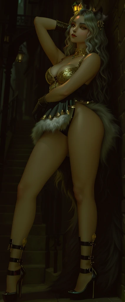 A werewolf, its fur a mix of silver and gold, eyes glowing with an otherworldly intensity. The image is a digitally rendered painting,Cropped shoulders, Mini skirt, Big thighs, Oily skin, The werewolf's claws are adorned with ornate Victorian engravings, contrasting against its savage appearance. The background is a smoky, dimly lit alleyway, adding an air of mystery  to the already captivating creature. The overall 
quality of the image is absolutely breathtaking, showcasing the artist's skill in blending fantasy and historical elements seamlessly.
and historical elements seamlessly.